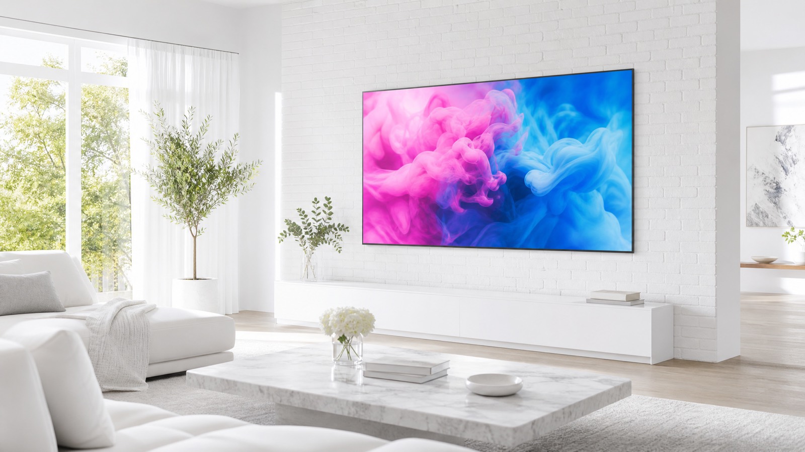 A bright white-brick living room with a large screen glowing pink and blue