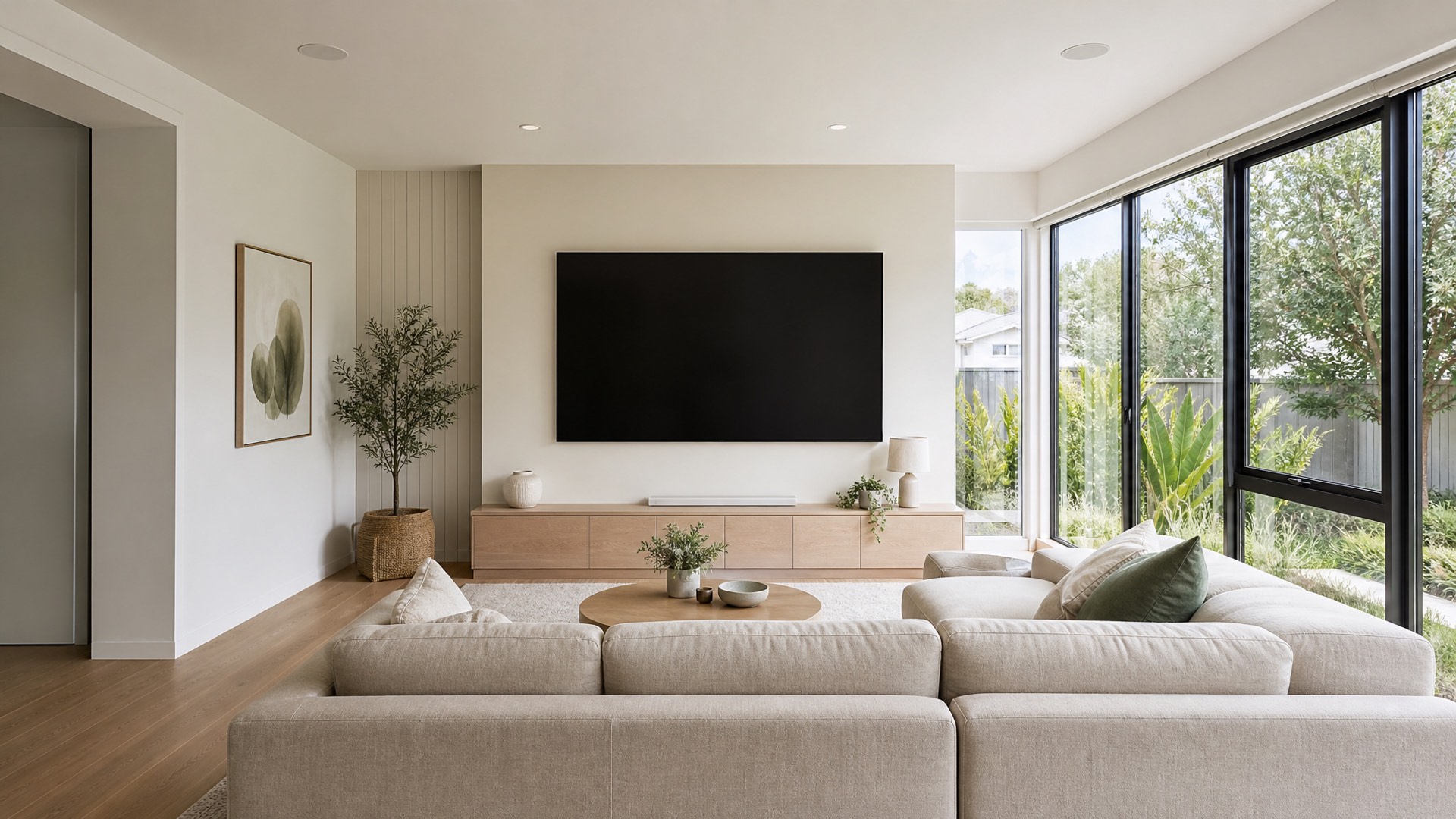 An open living room by day — blinds up, daylight in, the screen off