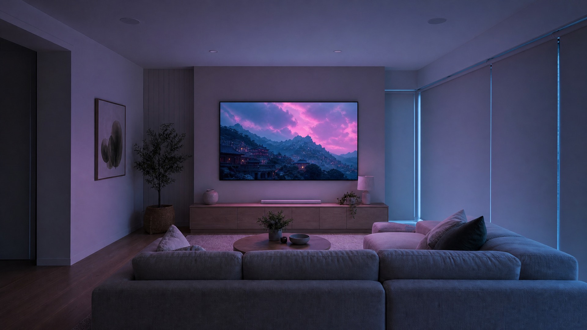 An open living room by day — blinds up, daylight in, the screen off — scene run: blinds down, lights low, screen on
