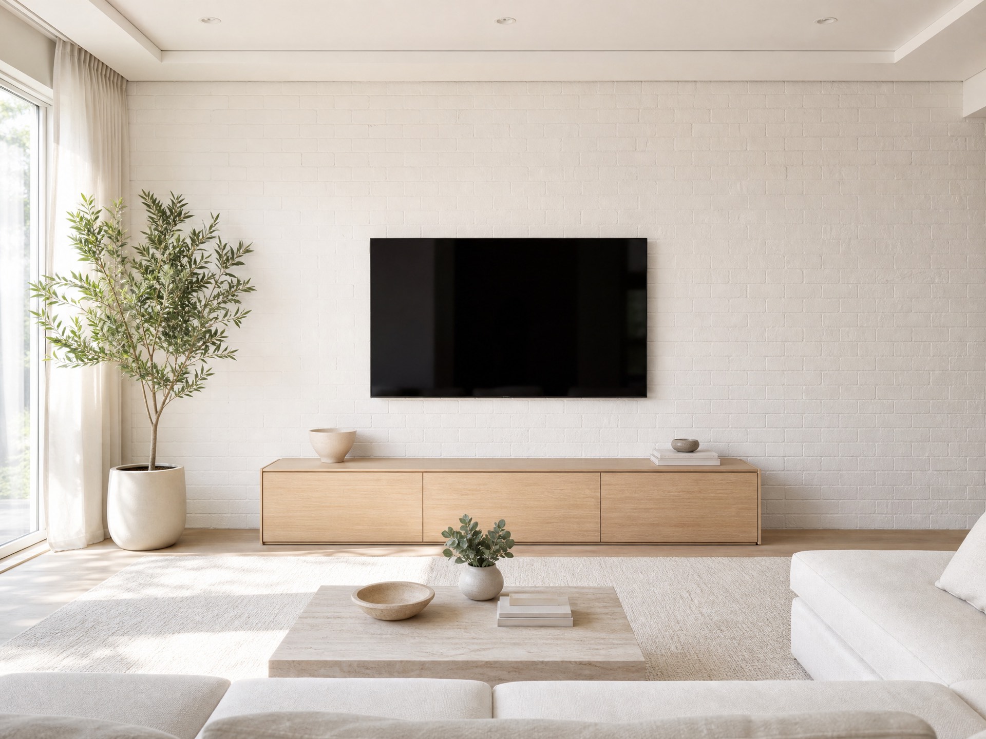 A bright minimal living room, white brick wall, no visible speakers