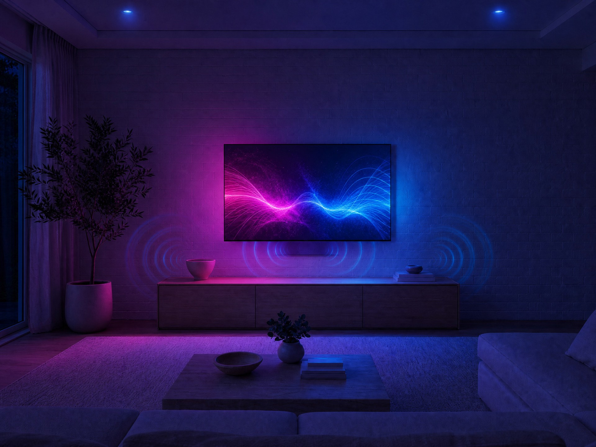 A bright minimal living room, white brick wall, no visible speakers — lights down, screen on