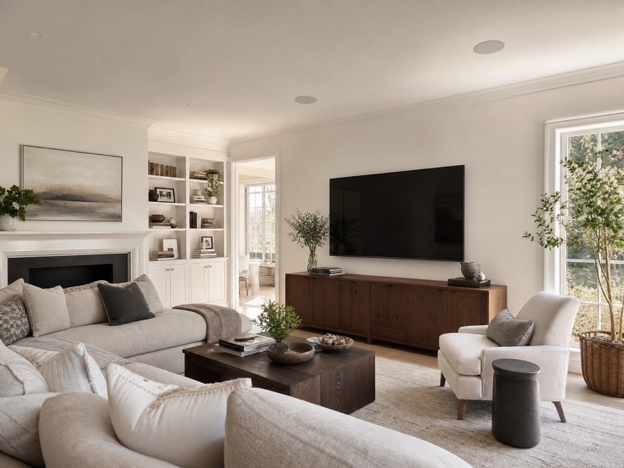 A living room with fully hidden audio playing at dusk