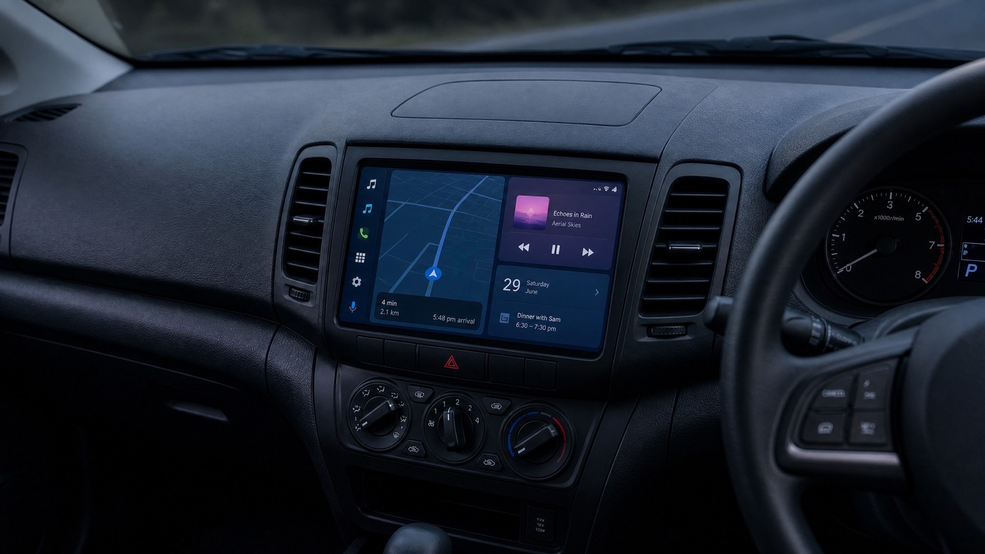 A dash from the driver’s seat — factory radio and blank fascia before the retrofit — after: the installed screen glowing