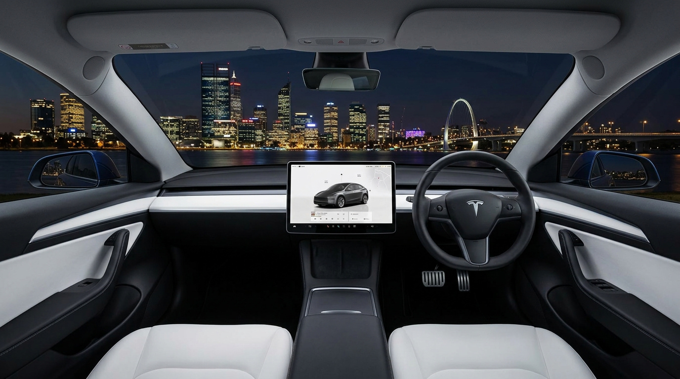 Inside the shop's own Tesla at night — the listening seat, Perth skyline ahead